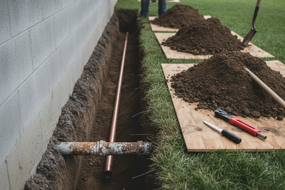 Excavated water line trench during Water Softener Installation in Carrsville
